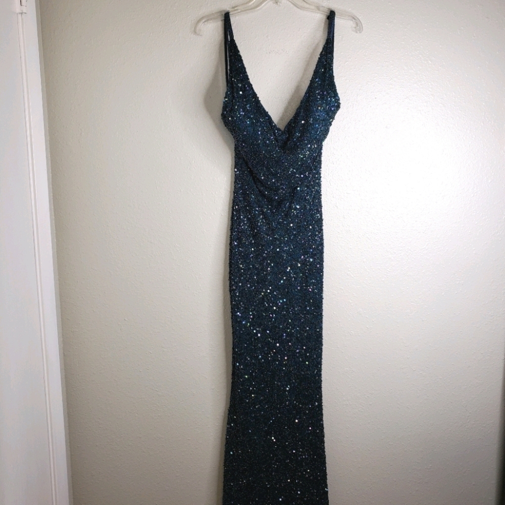 Scala M teal blue 100% silk full beaded gown